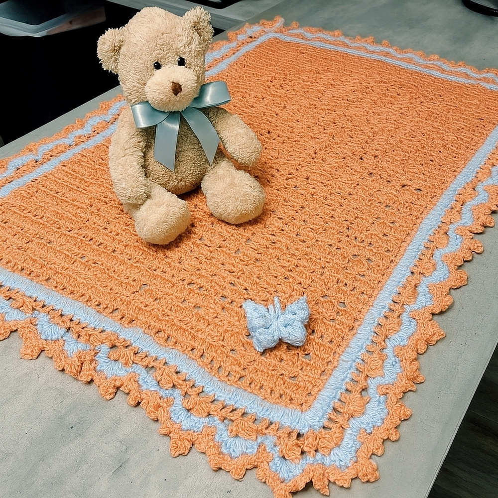 New Charming Handmade Orange and Blue Crocheted Baby Afghan/Blanket